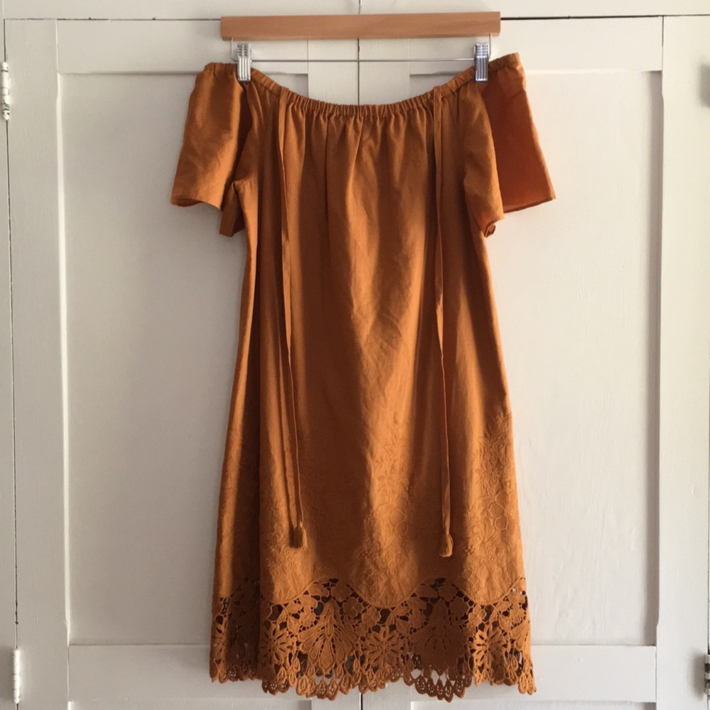 Burnt orange, off the shoulder dress